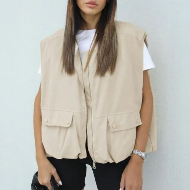 Women's Loose Street Sleeveless Profile Cardigan Vest Apricot - Shop at LoveMi