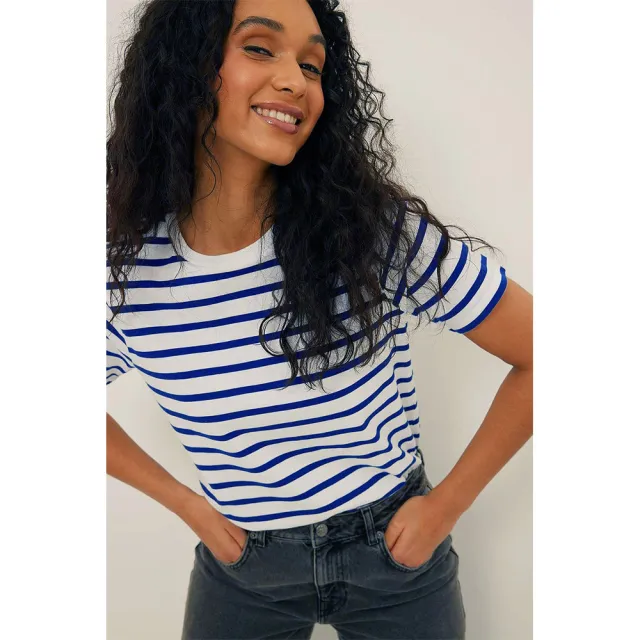 New Versatile Simple Loose Cotton Crew Neck Striped T shirt Short Sleeve Blue - Shop at LoveMi