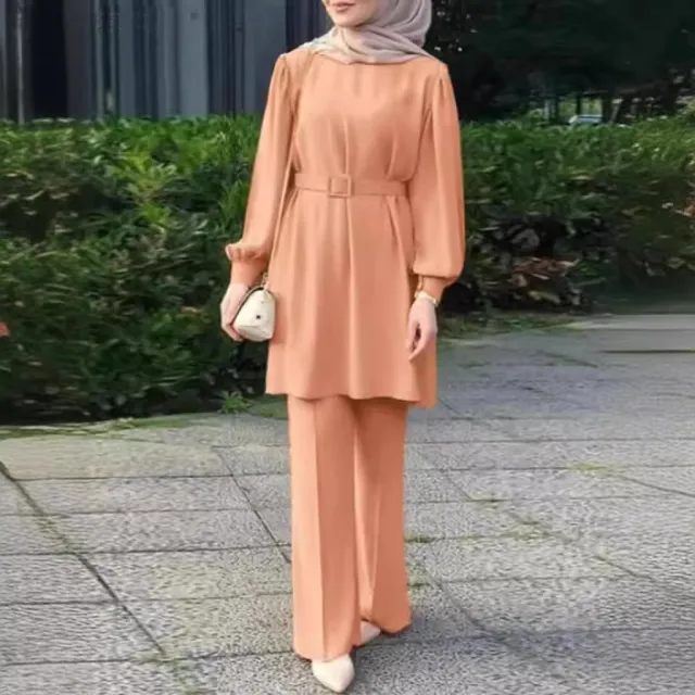Middle East Muslim Round Neck Long Sleeve Belt Elastic Waist Top And Trousers Suit Light Orange - Shop at LoveMi
