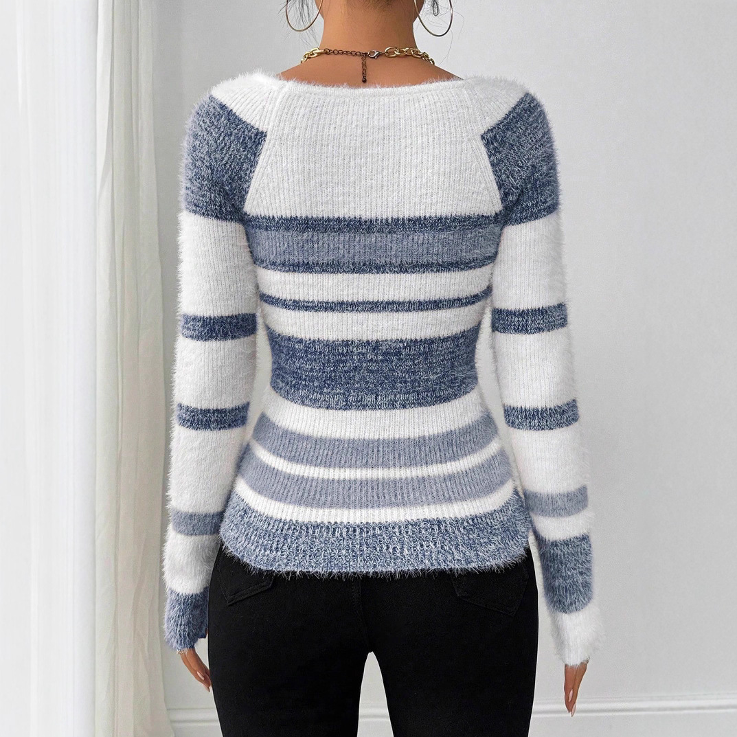 Slim Fit Square Collar Striped Sweater For Women - Image 1