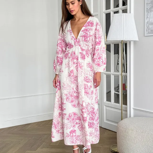 Elegant V neck Lantern Sleeve All matching Printed Dress Pink - Shop at LoveMi