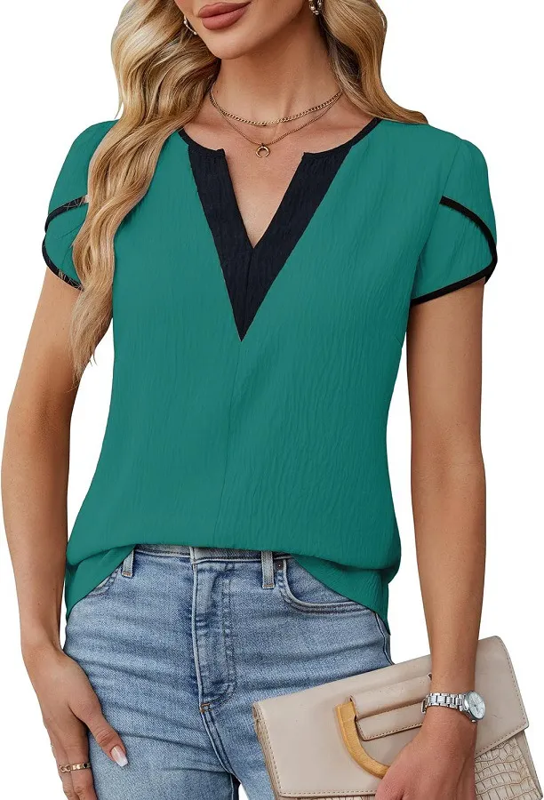 Fashionable Color Block V Neck Petal Shape Short Sleeve Blouse For Women Peacock Green - Shop at LoveMi