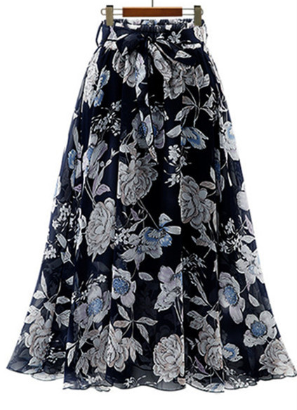 Large Floral Midi Big Swing Chiffon Skirt Black - Shop at LoveMi