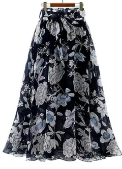 Large Floral Midi Big Swing Chiffon Skirt - Black - View 1