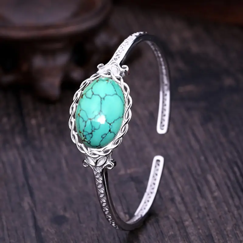 S925 Silver Plated Inlaid Turquoise Adjustable Bracelet For Women