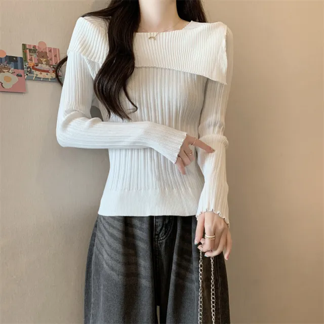 Women's Off neck Long Sleeve Bottoming Wool Sweater White - Shop at LoveMi