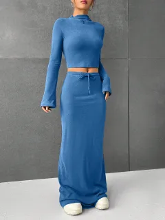Loose Casual Solid Color Long Sleeve Dress Two-piece Set - Sapphire Blue - View 1