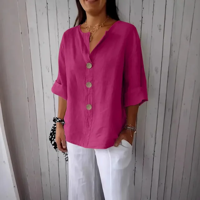 Loose Comfort And Casual V neck Cotton And Linen Button Top Pitaya Color 4Xl - Shop at LoveMi