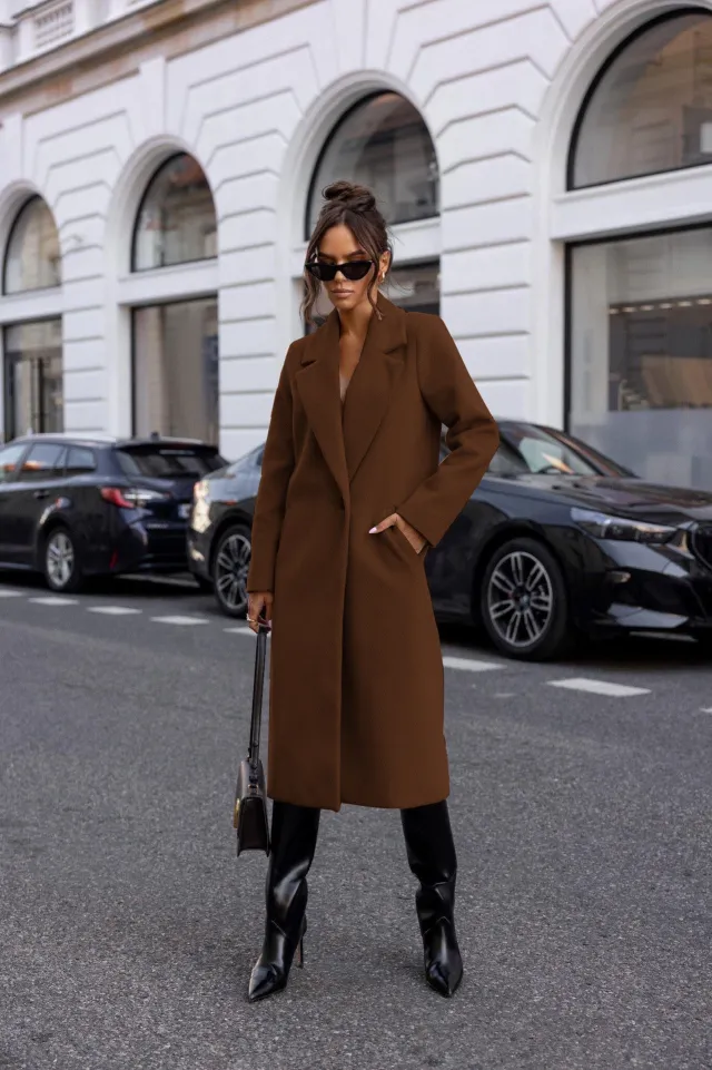 Simple Solid Color Long Sleeve Mid length Woolen Coat Brown - Shop at LoveMi