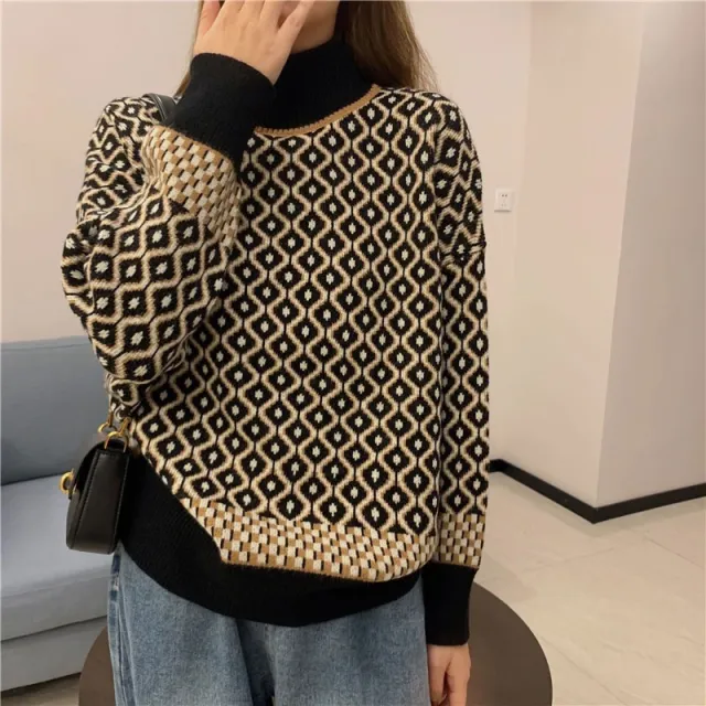 Outer Wear Base Rhombus Plaid Color Matching Sweater Tide Black - Shop at LoveMi