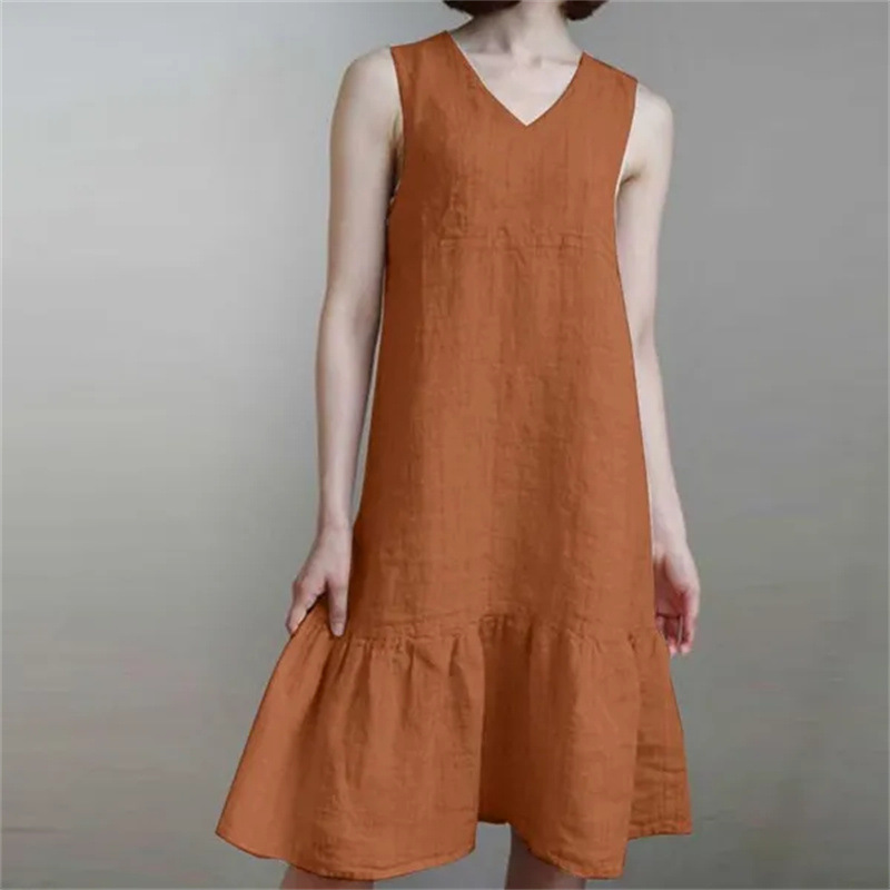 Loose fit V neck Solid color Pleated Strap Sundress In Cotton And Linen Orange - Shop at LoveMi