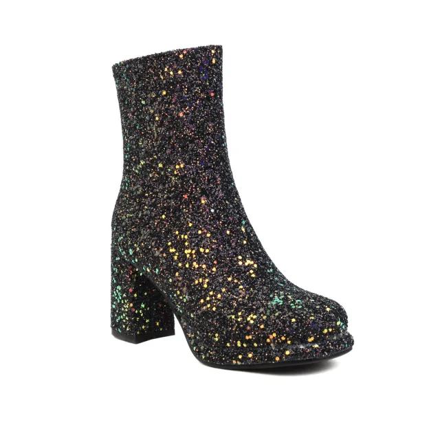 Sequined Thick High Heel Side Zipper Chunky Heel Ankle Boots Black - Shop at LoveMi