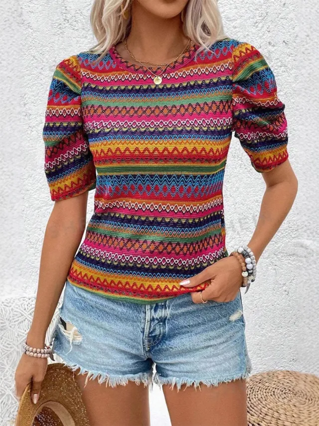 Casual Round Neck Knitted Bohemian Women's Top Peach S - Shop at LoveMi