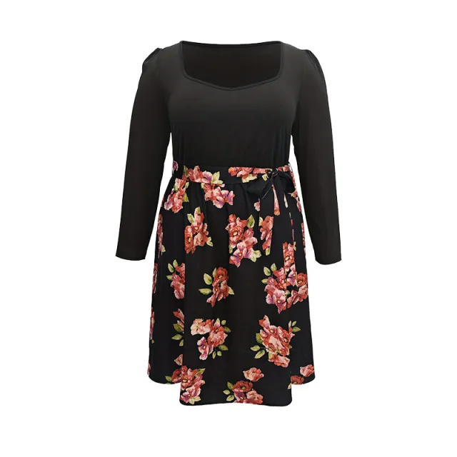 Light Mature Style Plus Size Floral Long Sleeve Dress Black - Shop at LoveMi