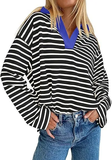 Casual Long Sleeve Color Matching Neckline Embroidered Pullover Sweatshirt Blue - Shop at LoveMi