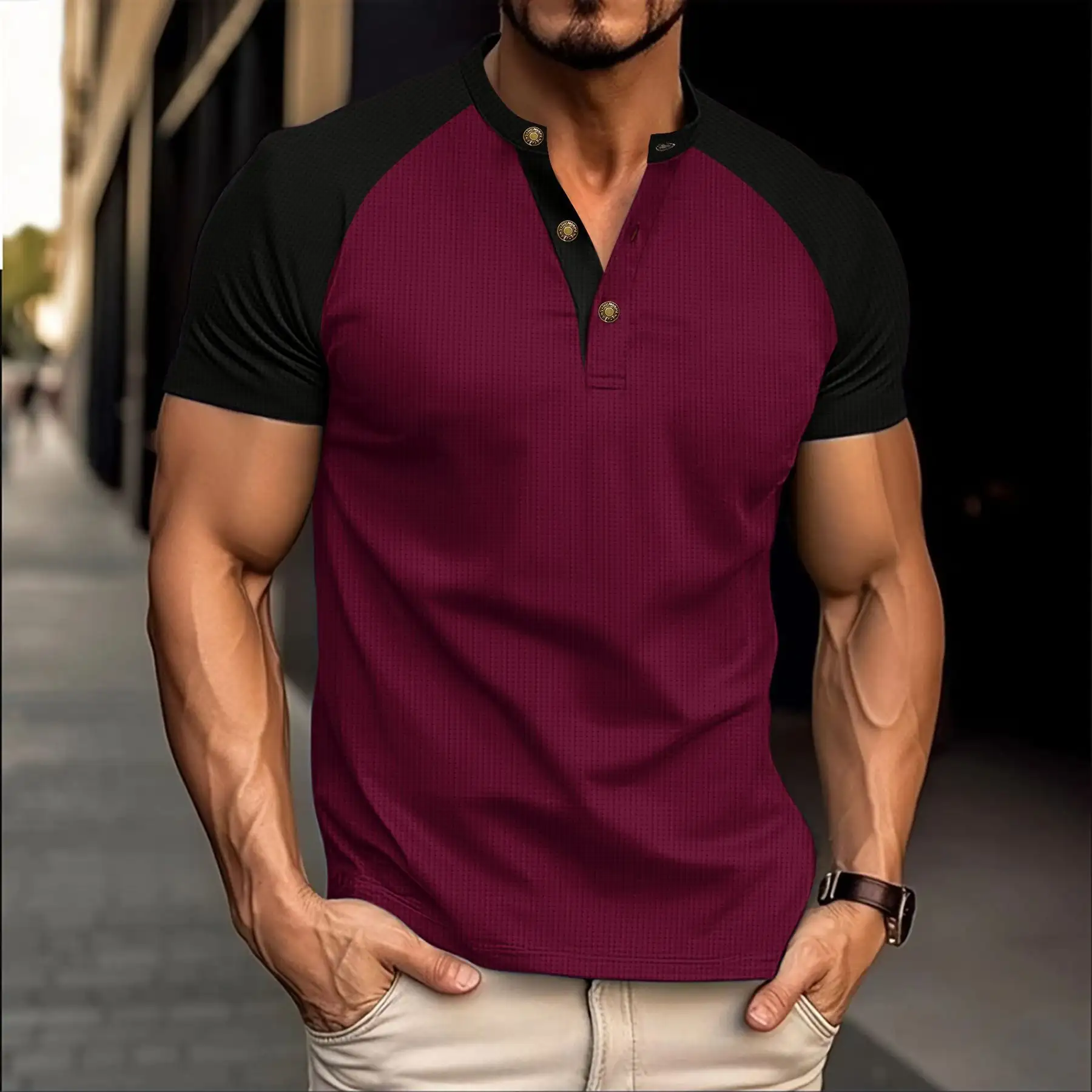Men's Slim-fit Breathable Casual Waffle Round Neck Short-sleeved T-shirt