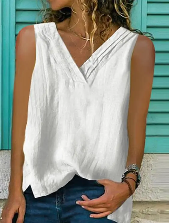 Split Sleeveless Cotton And Linen Multi layer Collar T shirt White - Shop at LoveMi