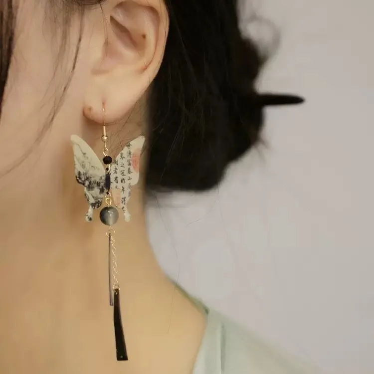 New Chinese-style Ink-wash Calligraphy Butterfly Earrings For Women