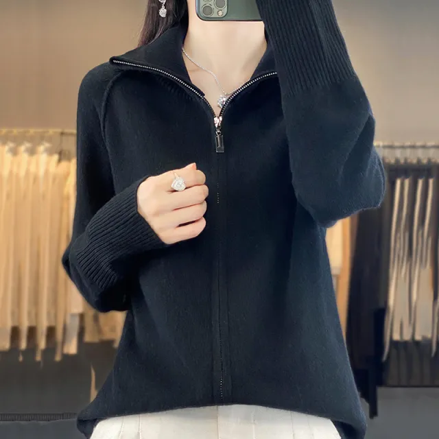 FallWinter New High Neck Wool Knit Cardigan Women Black - Shop at LoveMi