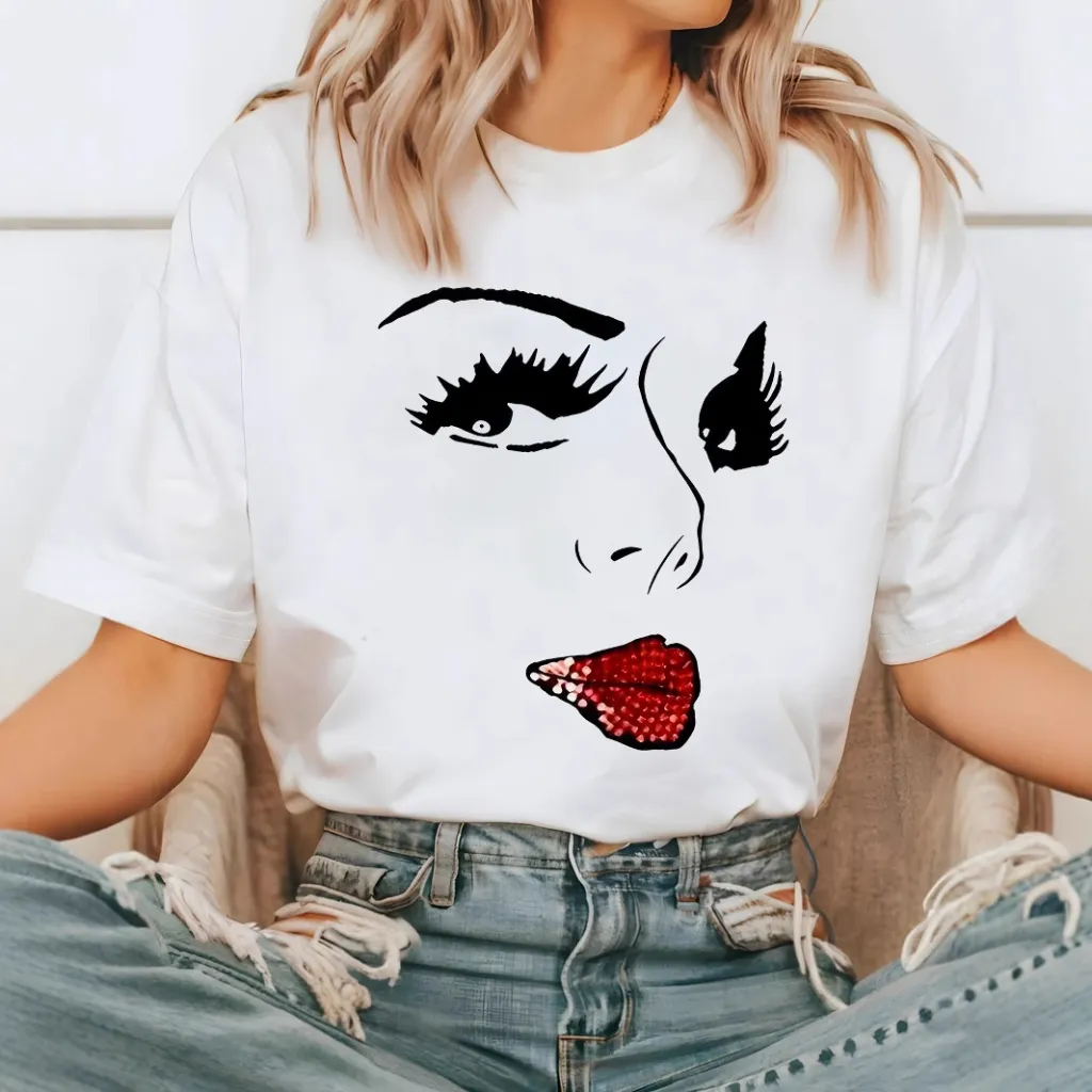 Loose-fitting Short-sleeve T-shirt With A Lip-print Design - White