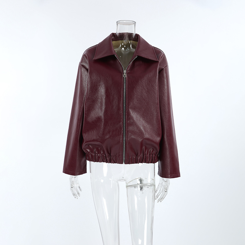 Title 19, Giacca in pelle opaca rosso vino stile biker re...