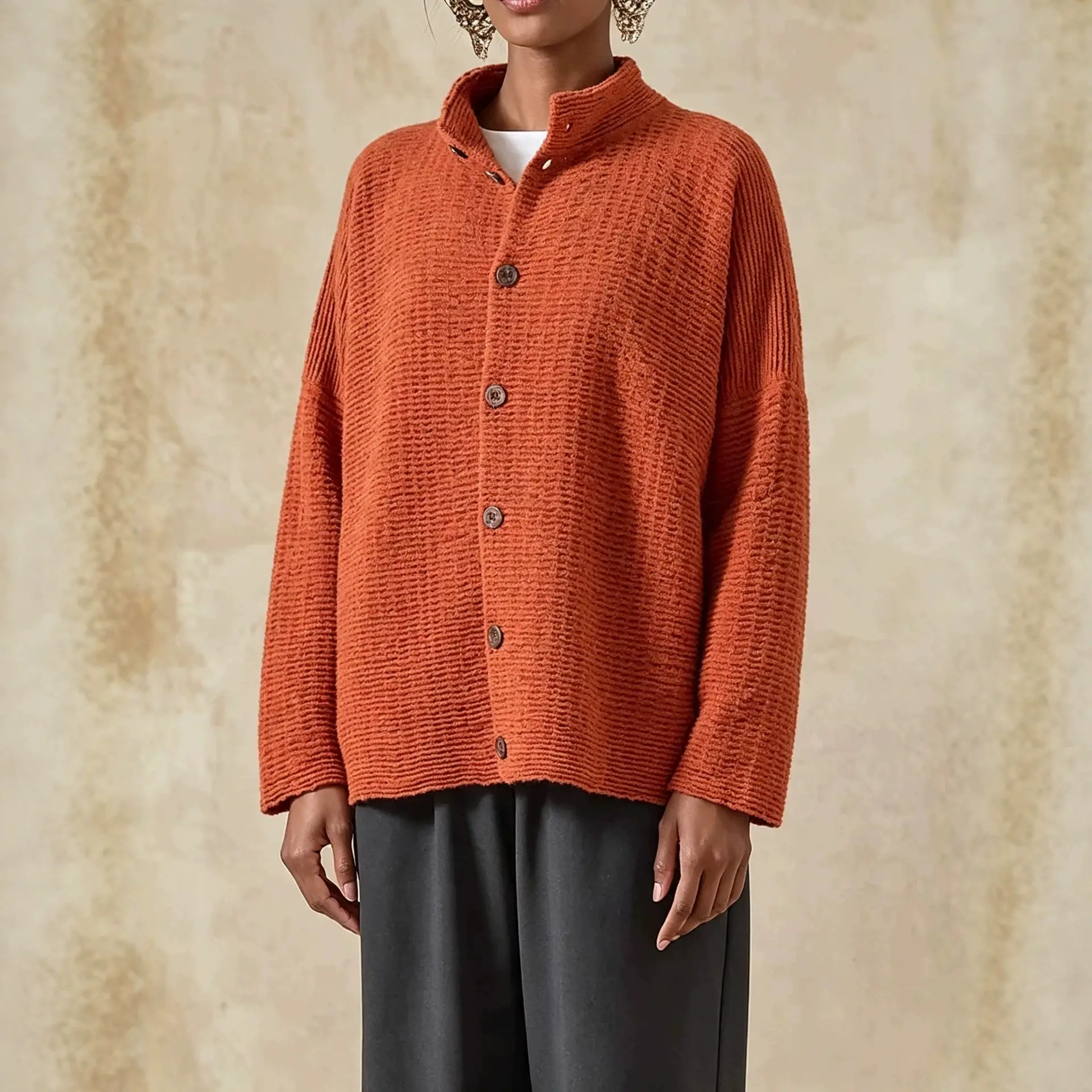 Cardigan Women's Stand Collar Wooden Buckle Off