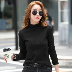 Women's Long-sleeved Bottoming Shirt Half Turtleneck Tight Top - Black - View 1