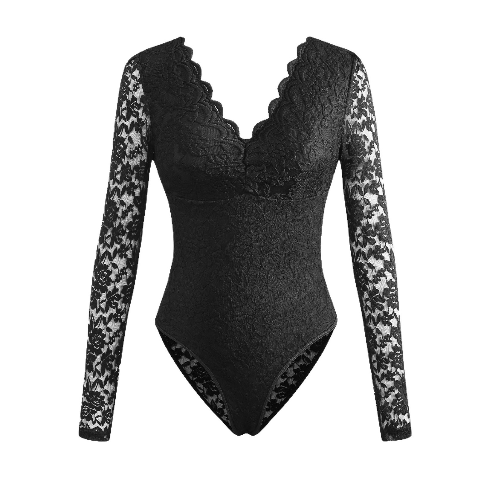Sexy Solid-Color Lace Long-Sleeve Sheer Bodycon Jumpsuit - Image 3
