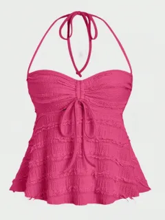 Women's Solid Colour Casual Irregular Lace Up Halterneck Vest - Rose - View 1