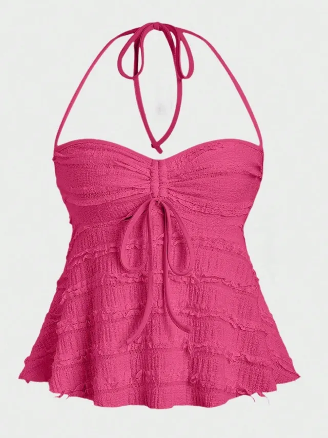 Women's Solid Color Casual Irregular Lace Up Halterneck Vest Rose - Shop at LoveMi