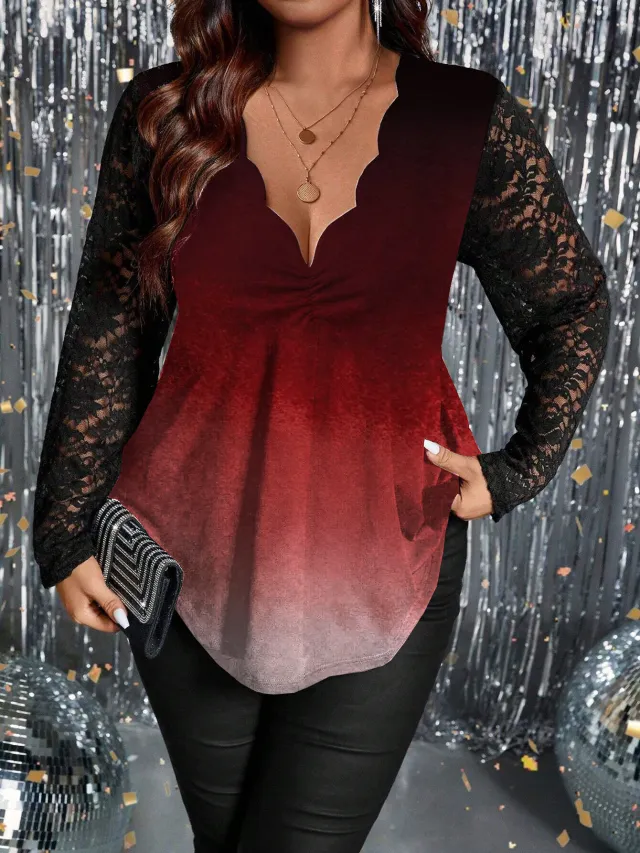 Women's Elegant Lace Wave V neck Long sleeved T shirt Red - Shop at LoveMi