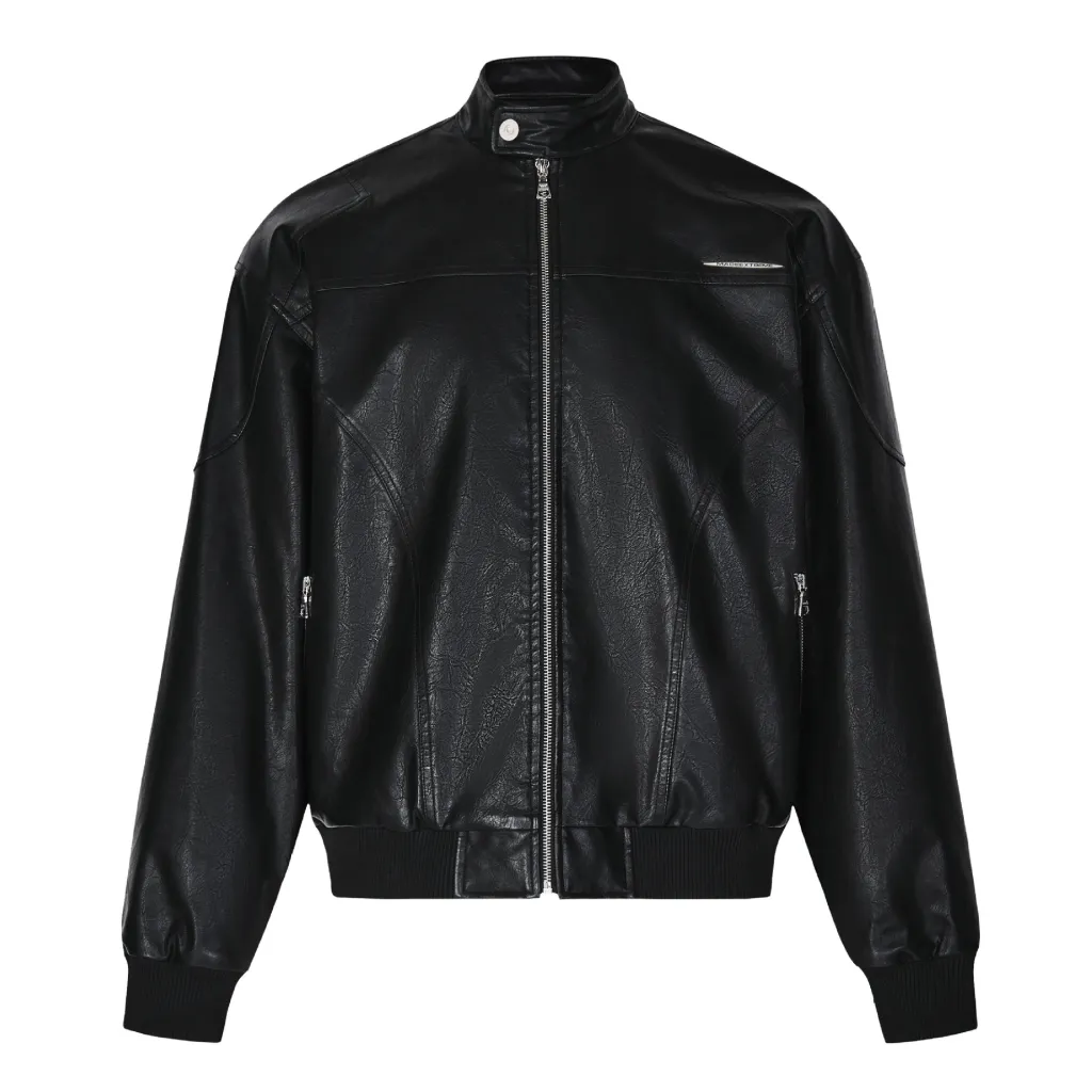Retro Street Maillard PU Leather Color Rivet Coat - Black