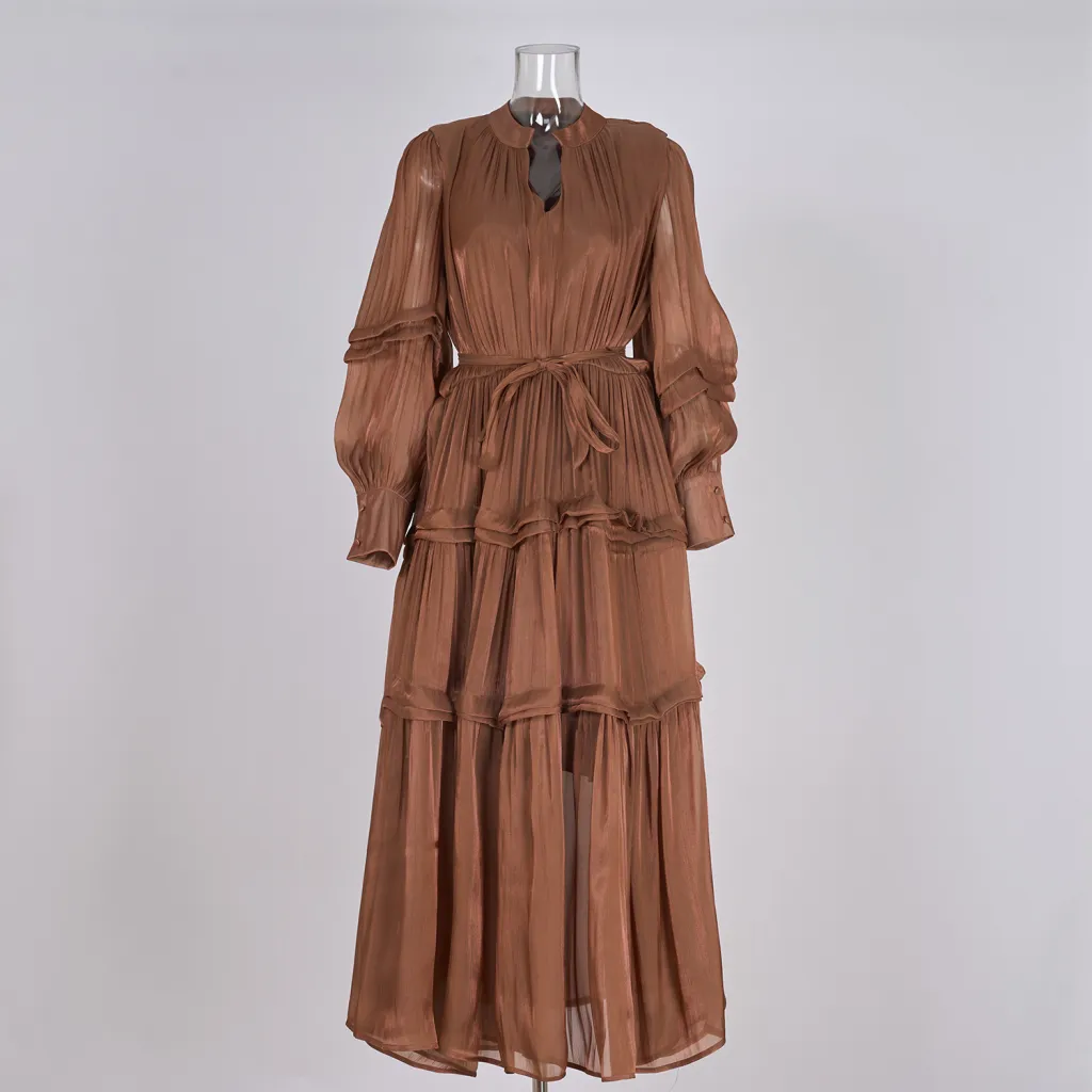 V-neck Lantern Sleeve Fitted Waist Pleated Long Silk Dress - Brown