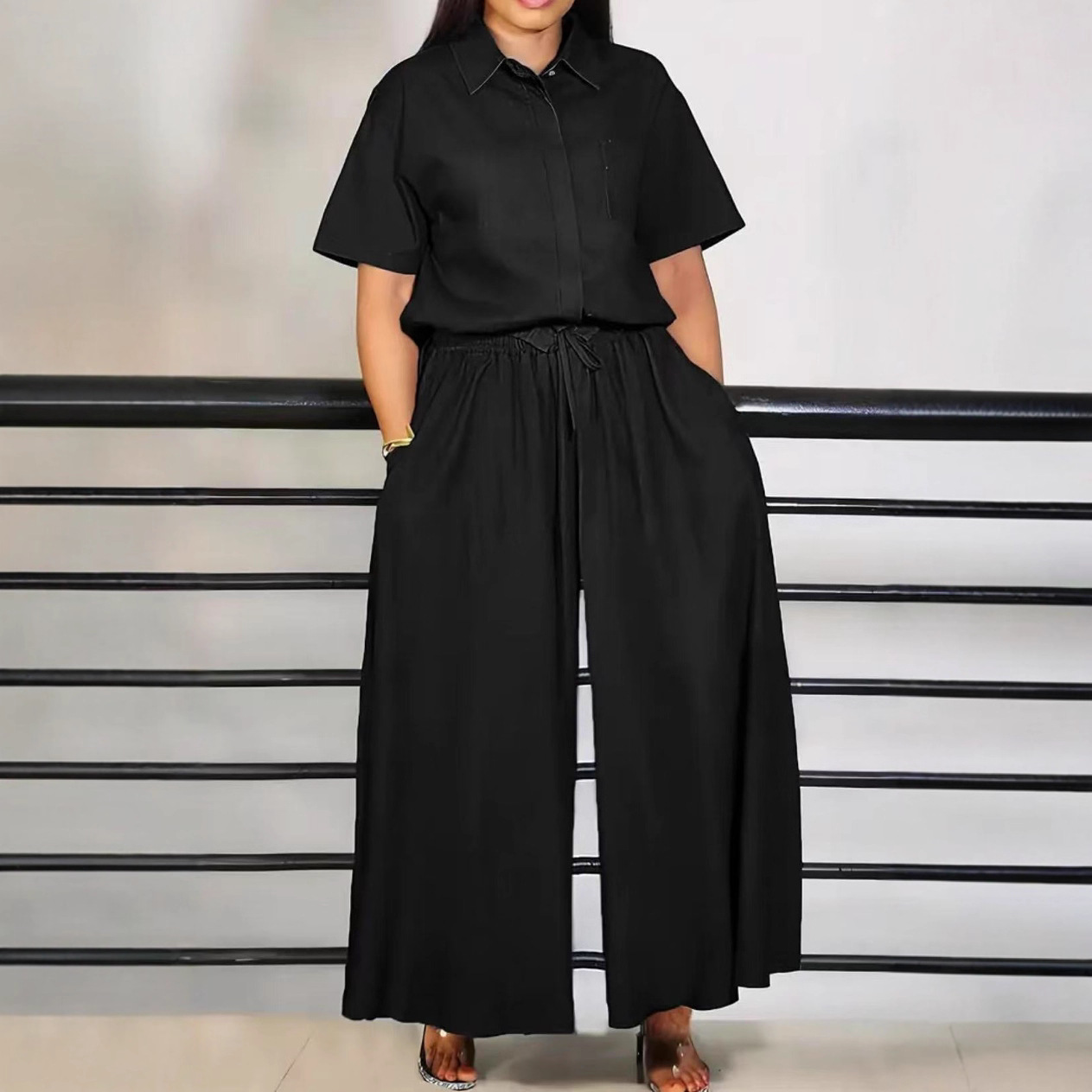 Womens Fashionable Loose Casual Solid-Color Two-Piece Set Short-Sleeve Top And Wide-Leg Long Pants 4