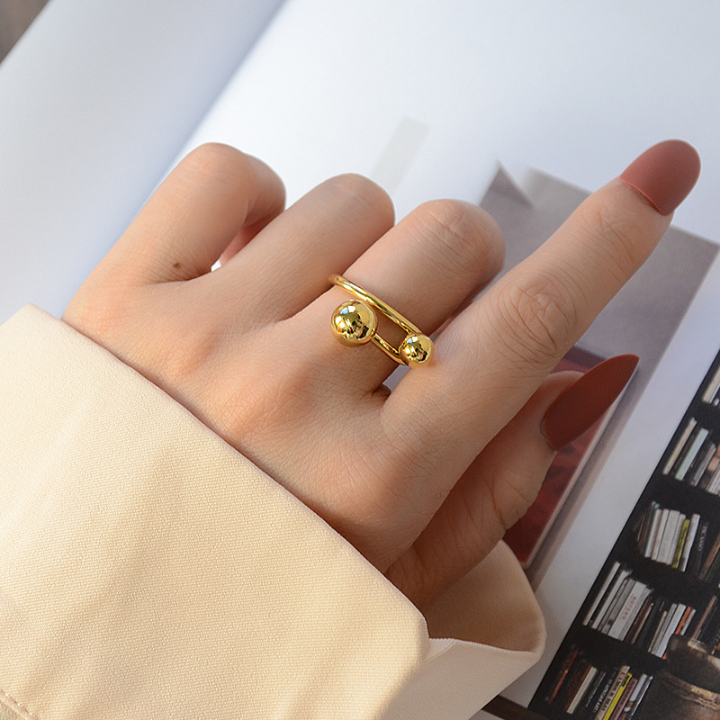 Creative Line Art Double Round Ball Ring Female Titanium Steel Plated