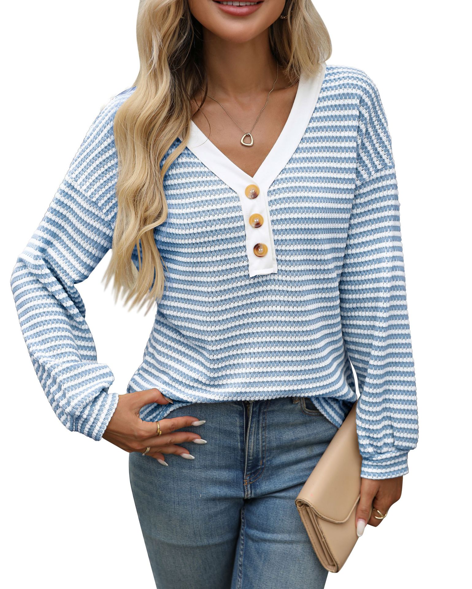 Women's V-neck Buttons Pullover Patchwork Casual Long-sleeved Top - Image 8