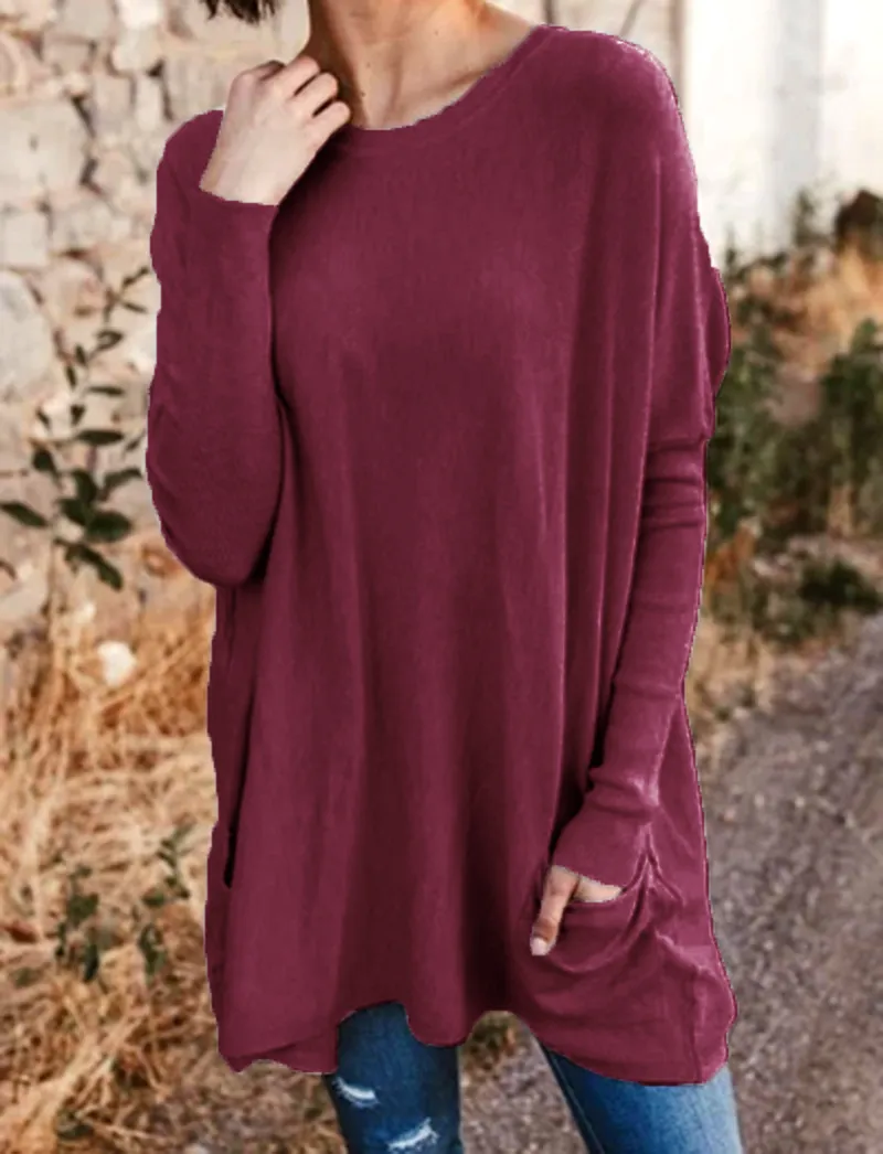 Women's Casual Pocket Loose Long Sleeve Top - Wine Red