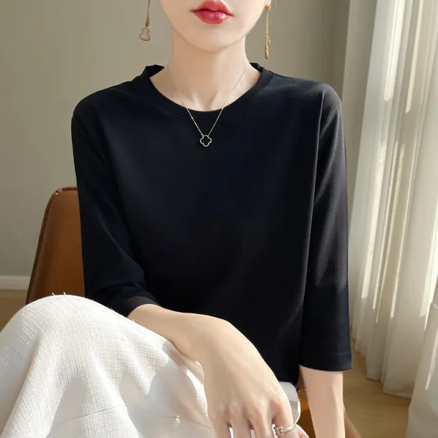 Mid sleeve Bottoming Shirt Outer Wear Half sleeve T shirt Top Classic Black - Shop at LoveMi
