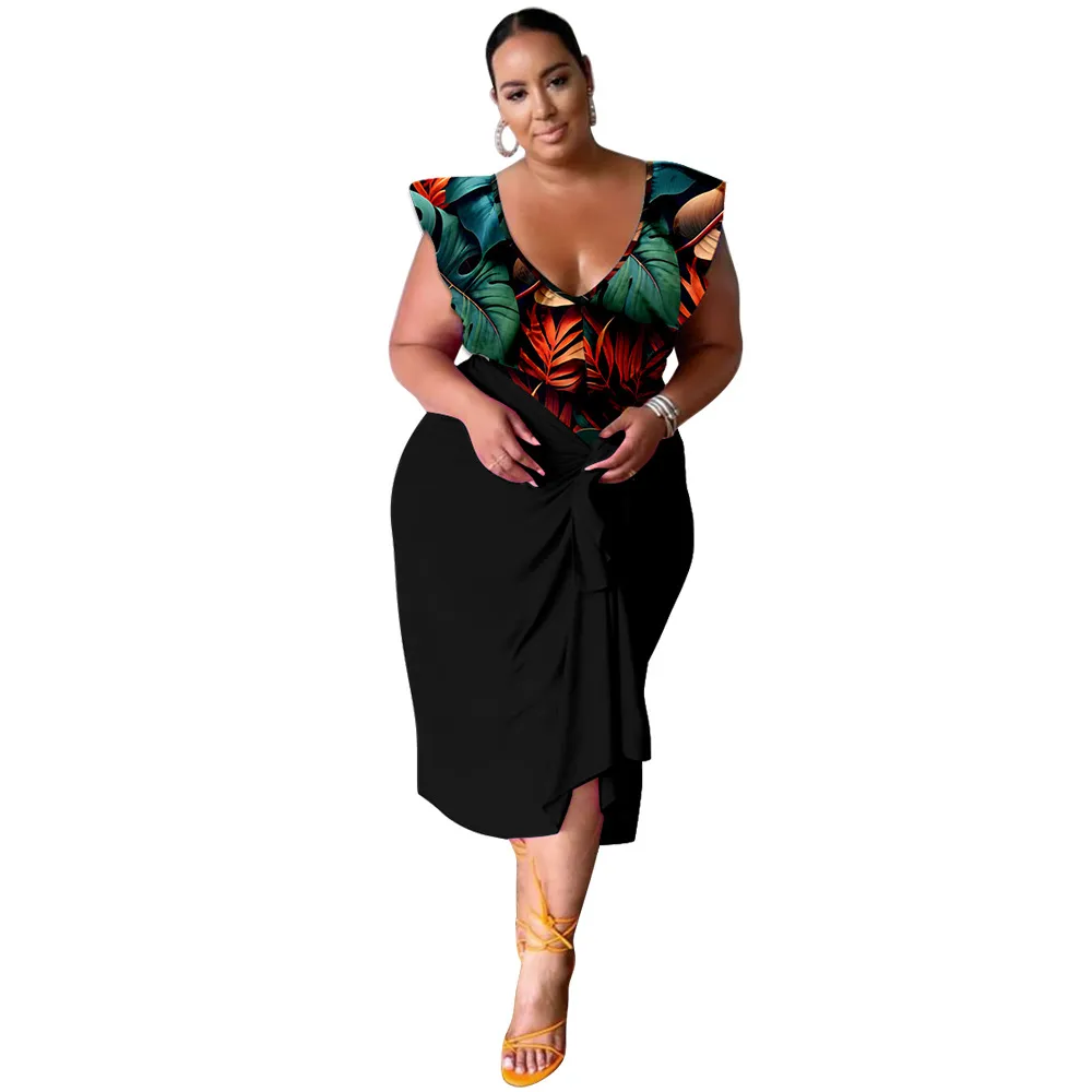 New Stylish Casual V-neck Printed Jumpsuit Printed Skirt Plus-size Two-piece Set - Black Leaves