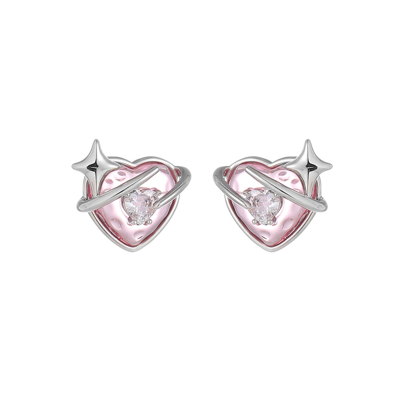 Brass White Gold-plated Heart-shaped Four Eight-pointed Stars Zircon Stud Earrings For Women