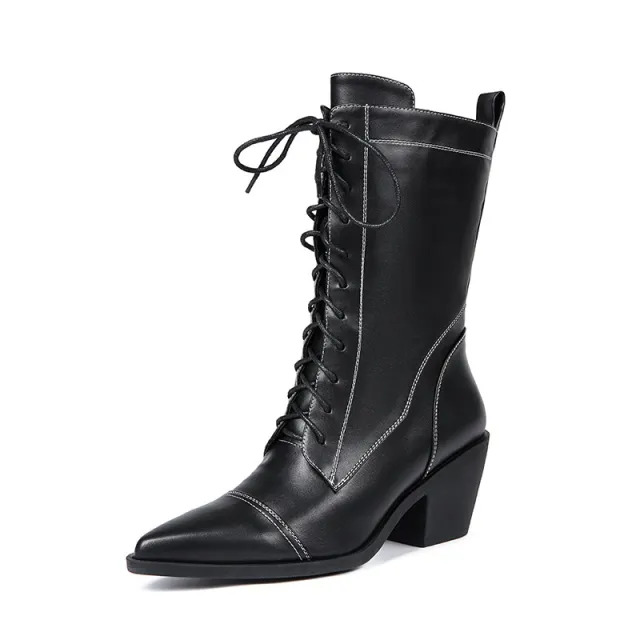 Chunky Heel Waterproof Platform Thick Bottom Fleece lined High Heel Lace up Martin Boots Black - Shop at LoveMi