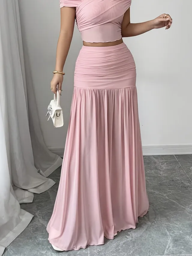 Elegant Solid Color Pleated Long Skirt For Women Pink - Shop at LoveMi