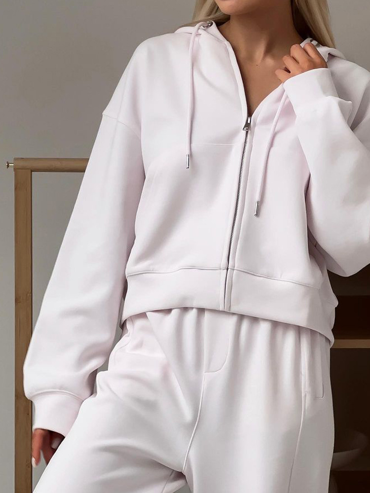 Zipper Hooded Sport Cardigan Lace up Trousers Two piece Casual Suit Milky White - Shop at LoveMi