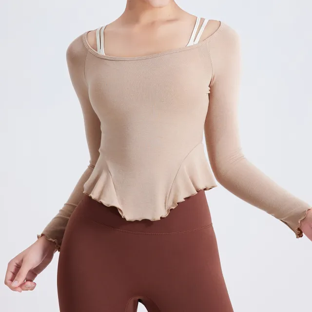 Cross border Brushed Nude Feel Lace Yoga Clothing Top Light Khaki - Shop at LoveMi
