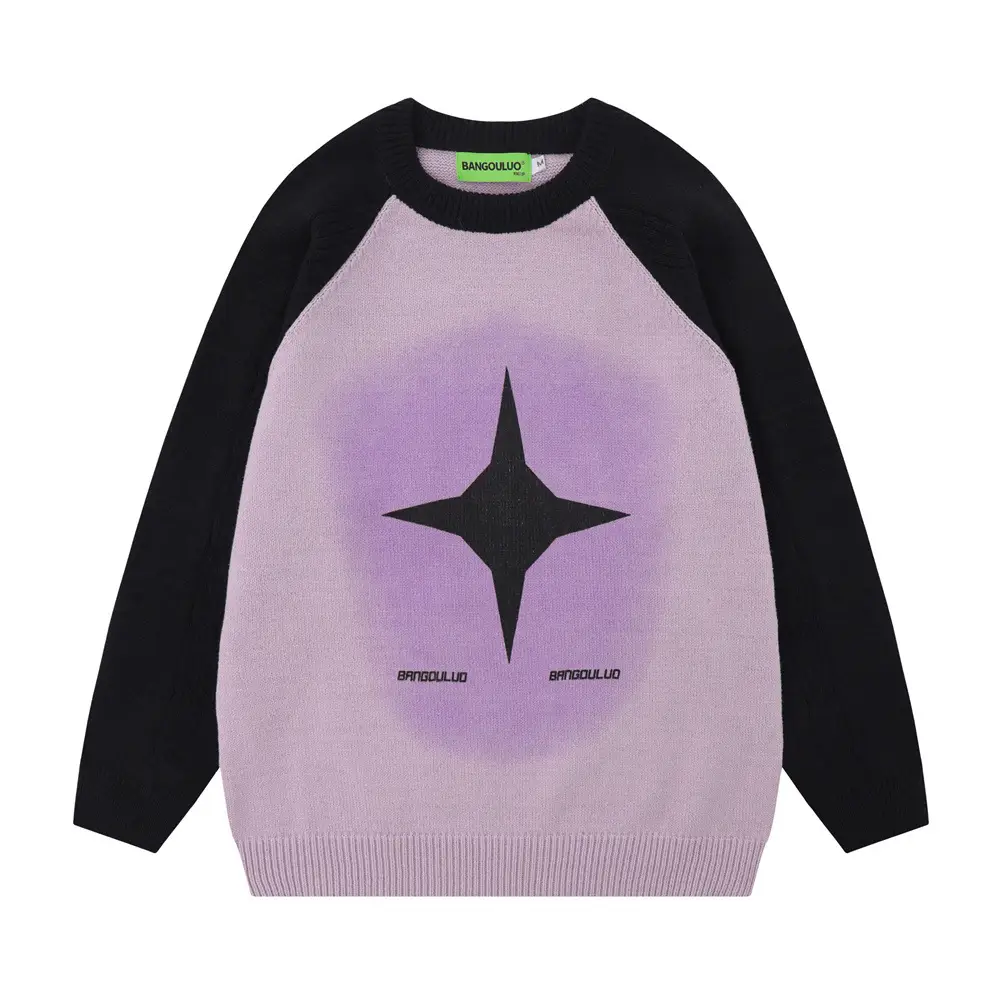 Color Contrast Patchwork Cross Print Inkjet Round Neck Sweater