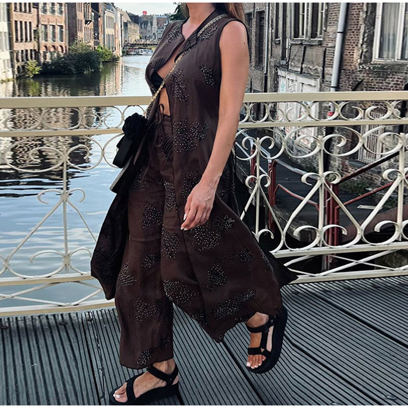 Sleeveless Lace-up Top And Trousers Suit