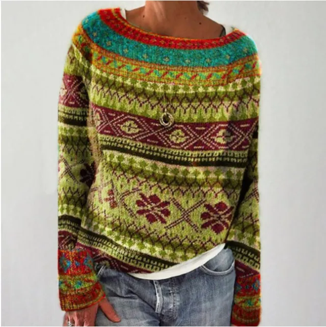 Women's Fashion Round Neck Multicolor Loose Leisure Pullover Knitwear Sweater Multicolor - Shop at LoveMi