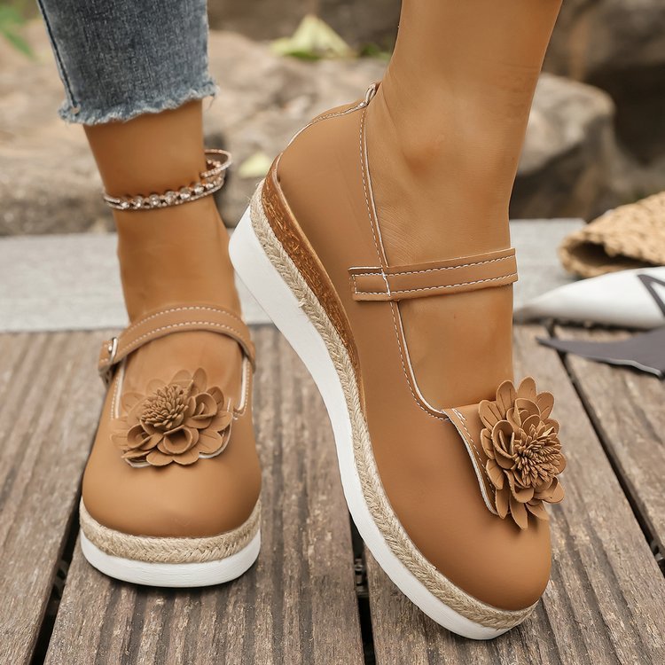 Wedge-heeled Floral Pointed-toe Hollow-out Pumps With Belt Buckle
