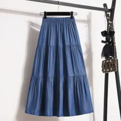 All-match Large Hem Elastic Waist Ice Silk Denim Skirt For Women - Dark Blue - View 1