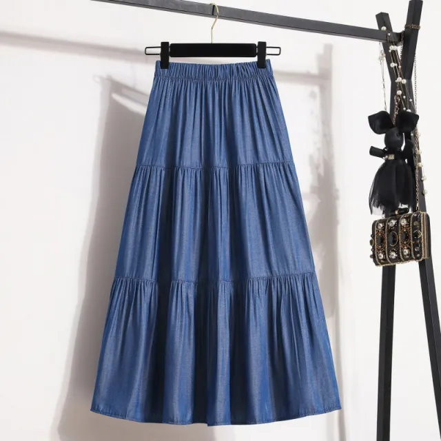 All match Large Hem Elastic Waist Ice Silk Denim Skirt For Women Dark Blue - Shop at LoveMi